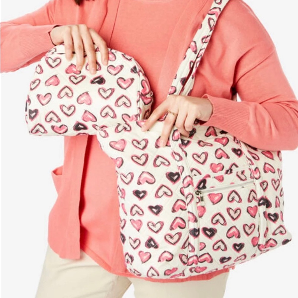 NWOT Woman Within Tea Rose Painted Heart Tote & Cosmetic Bag